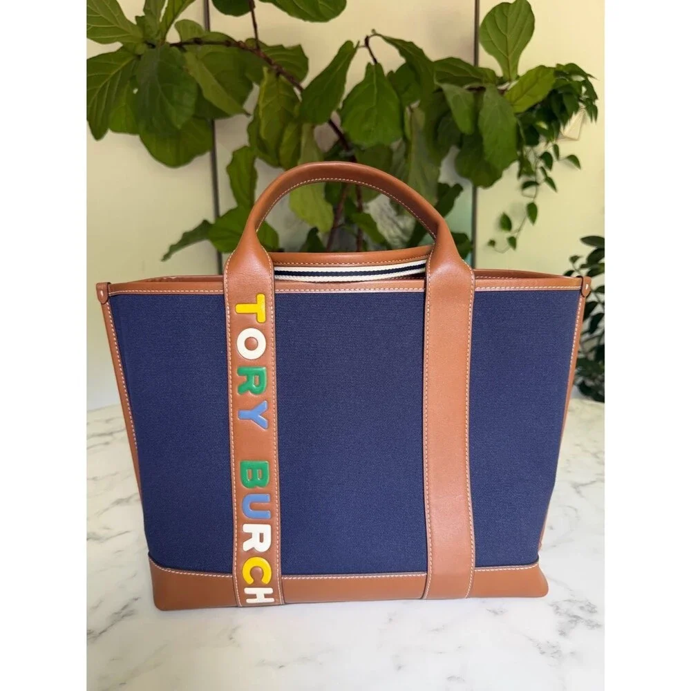 Tory Burch Perry Navy Multi Stripe Canvas Leather Triple Compartment Tote
